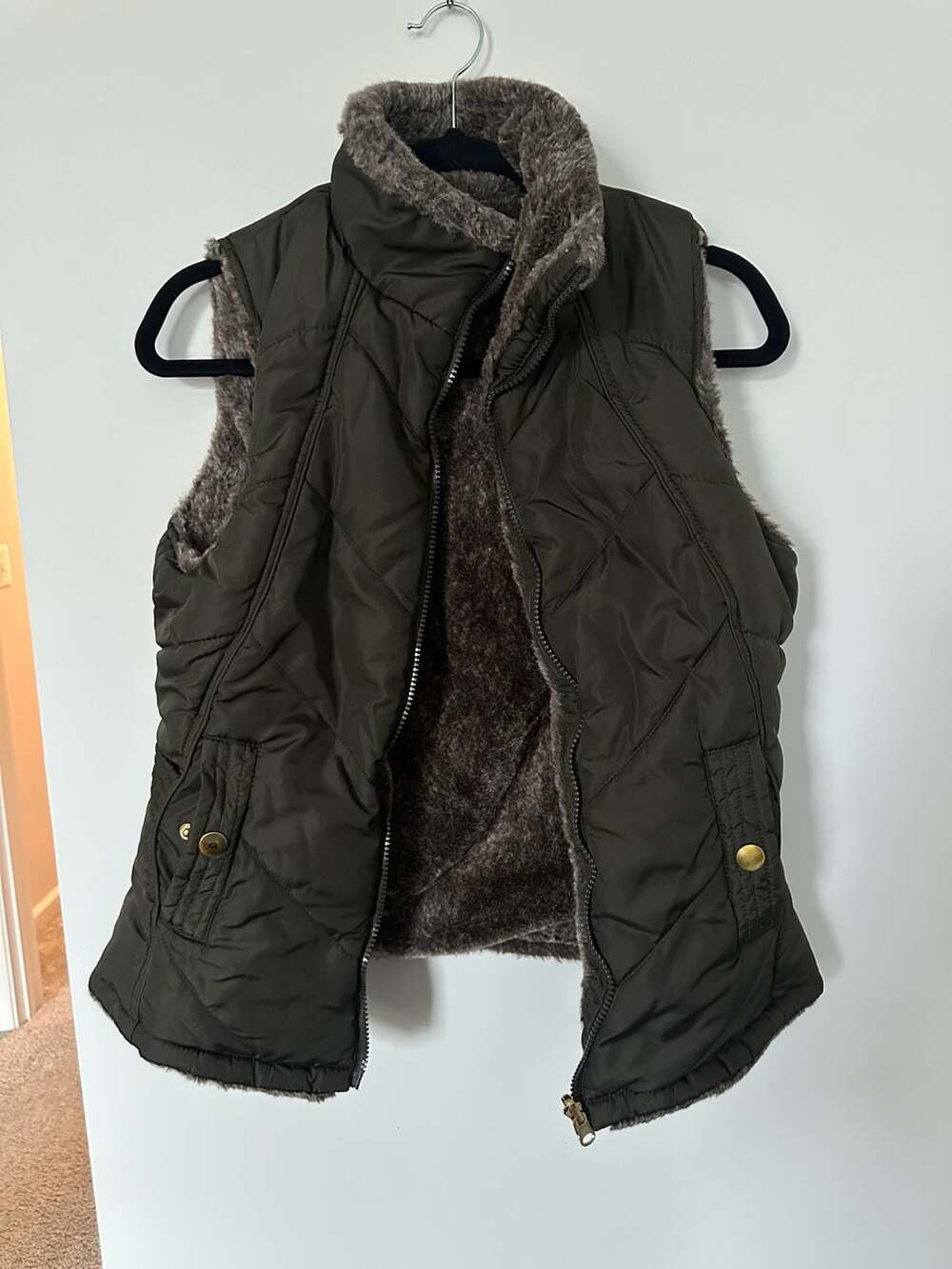 KC Collections Olive Green Quilted Faux Fur Reversible Puffer Vest